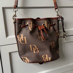 Dooney & Bourke Small Monogram Tan Brown Leather Bucket Drawstring Bag